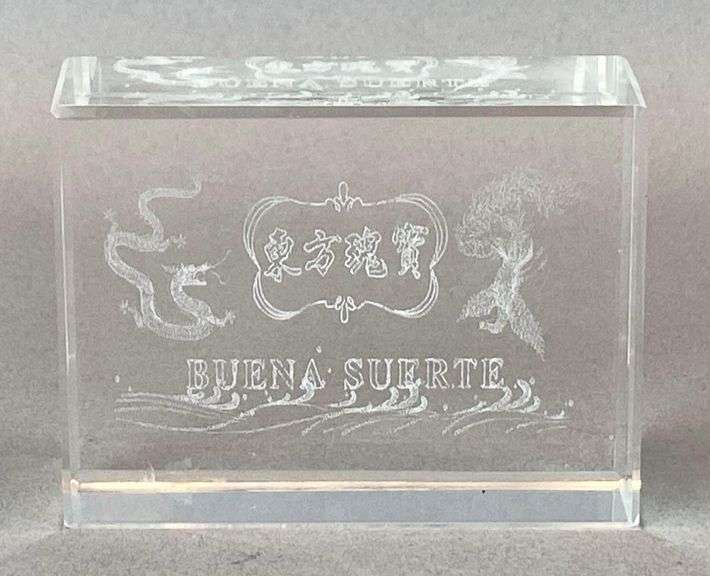 Chinese Buena Suerte Good Luck Etched Glass Paperweight