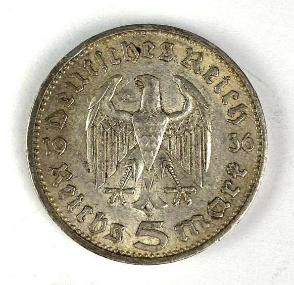 1936 WW2 German Paul von Hindenburg 5 Reichsmark 90% Silver Coin