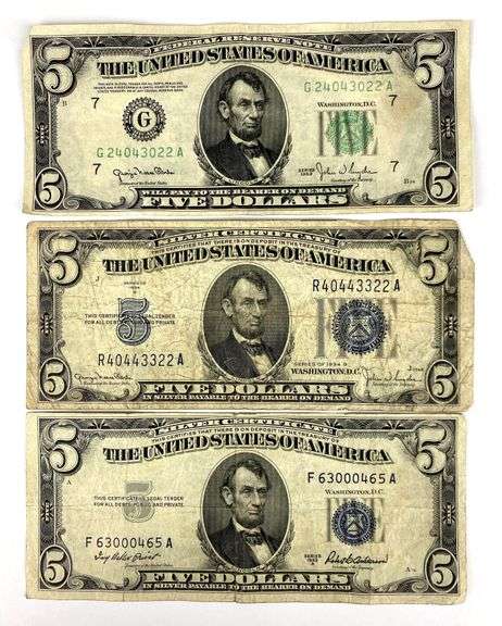 Usd5 Notes Group of 3 US $5 Bank Notes - Matthew Bullock Auctioneers