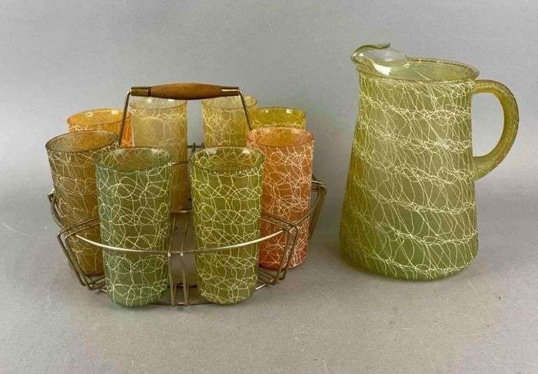 Group of 8 Vintage Spaghetti String Drinking Glasses and More