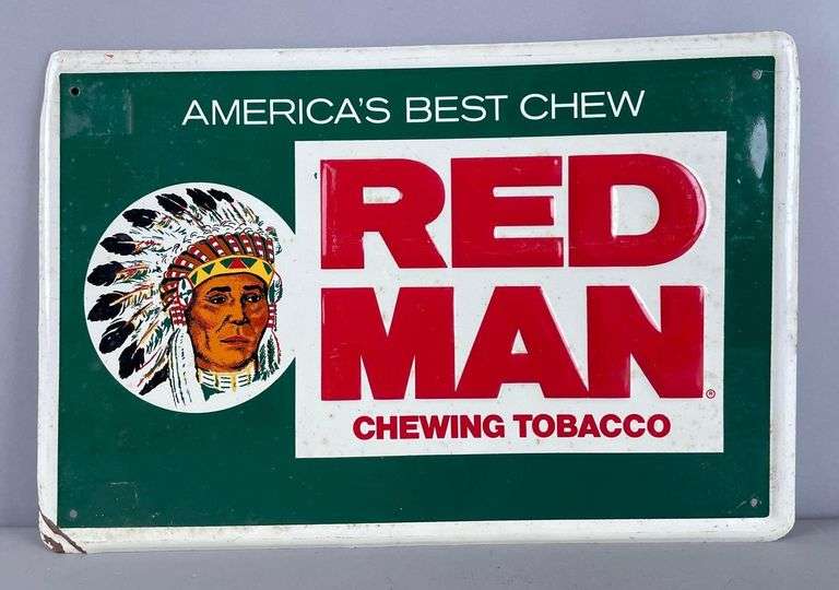 Vintage Red Man Chewing Tobacco Metal Advertising Sign