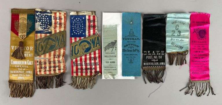 Iowa Service Ribbon Group of Antique GAR Encampment Iowa Ribbon Badges and More - Matthew ...