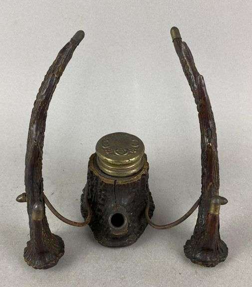 Antique Wood Antler Desk Ink Well