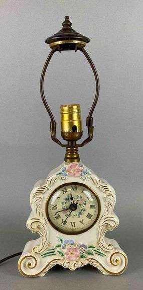 Antique Floral Porcelain Clock Table Lamp - Matthew Bullock Auctioneers