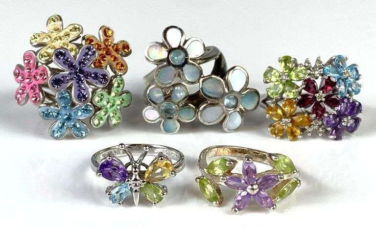 Group of Colorful CZ Floral Costume Jewelry Rings and More - Matthew ...