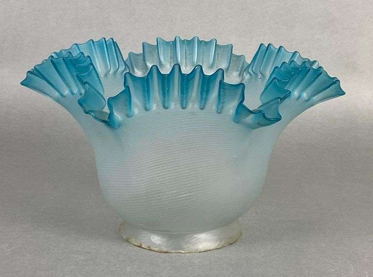 Antique Frosted Ruffled Ribbon Blue Spiral Glass Lamp Shade