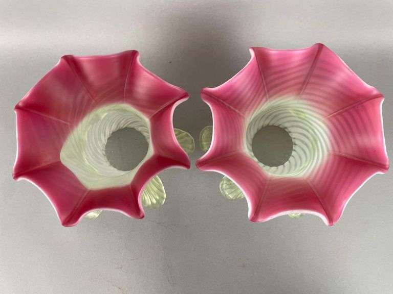 Group of 2 Antique Vaseline and Cranberry Opalescent Swirl Glass Tulip Shades