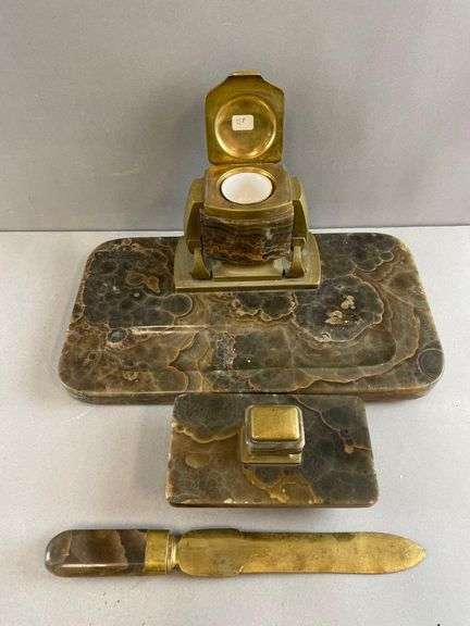 Art Deco Marble and Brass Desk Set
