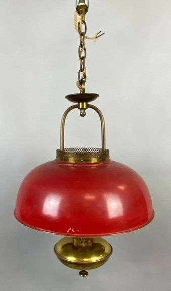 Antique Converted Red/Orange Enamel Metal and Brass Hanging Light