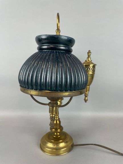 Antique Brass Double Student Lamp with Teal Shades