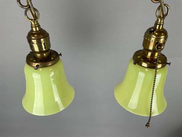 Pair of Antique Brass Oendant Lamps with Vaseline Glass Shades