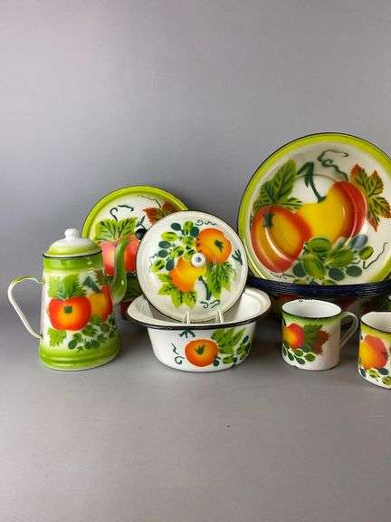 Group of Vintage Enamelware Fall Harvest Kitchen Items