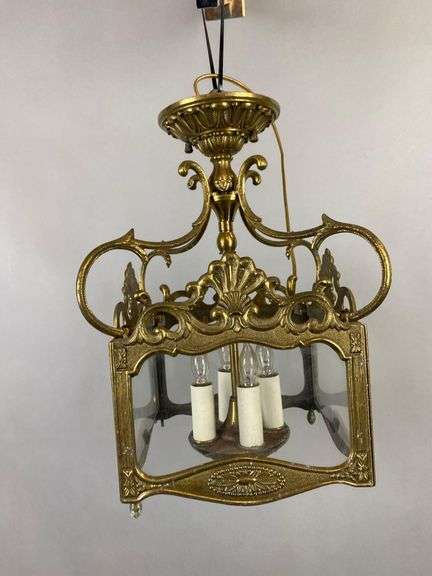 Antique Ornate Brass Hanging Light Fixture with Clear Glass Panels