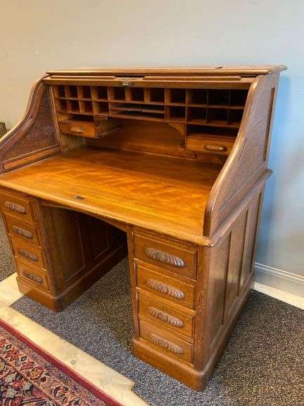American Antique Oak Scroll Roll-Top Desk
