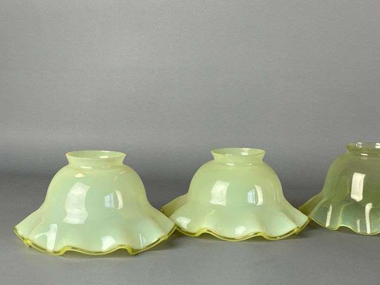 Group of 5 Antique Vaseline Ruffled Glass Lamp Shades