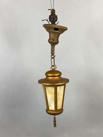 Antique Metal Hanging Pendant Lantern Light with Carmel Slag Glass Panels