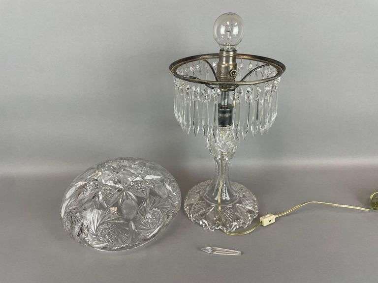 Antique American Brilliant Cut Glass Lamp with Crystals