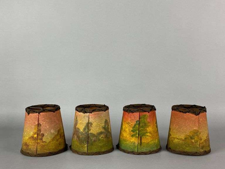 Group of 4 Antique Hand Painted Textured Paper Lamp Shades