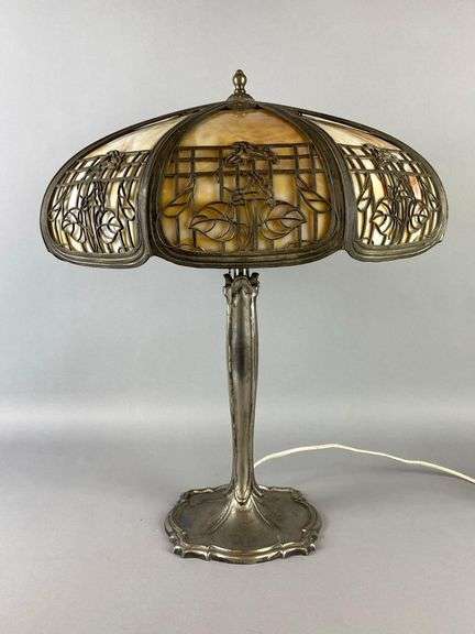 Antique Carmel Slag Glass 8-Panel Shade Table Lamp with Floral Motif