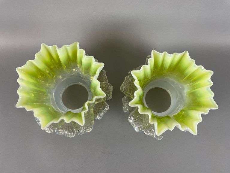 Antique Pair of Opalescent Vaseline Glass Lamp Shades