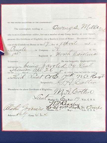 1912 Confederate Soldier Southern Cross of Honor Eligibility Application