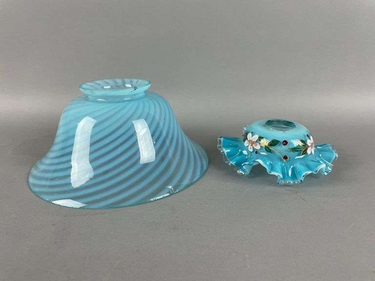 Group of 2 Antique Blue Glass Lamp Shades