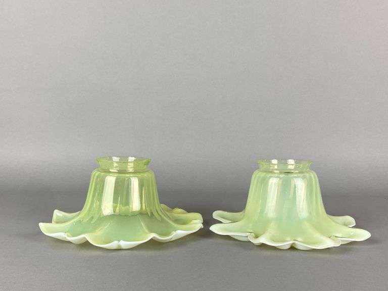 Group of 2 Antique Vaseline Floral Glass Lamp Shades