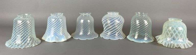 Group of 6 Antique Opalescent Swirl Glass Lamp Shades