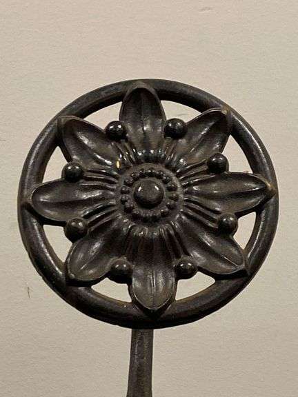 Antique Pair of Cast Iron Floral Medallion Andiron