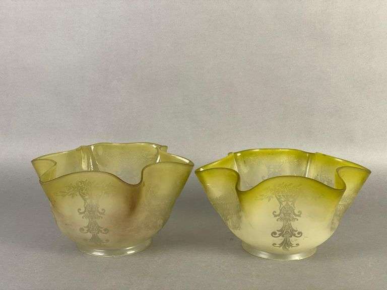 Group of 2 Antique Yellow Frosted Etched Angel Glass Lamp Shades