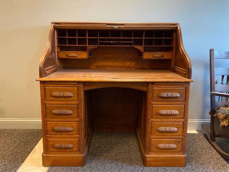 American Antique Oak Scroll Roll-Top Desk