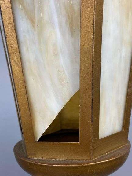 Antique Metal Hanging Pendant Lantern Light with Carmel Slag Glass Panels