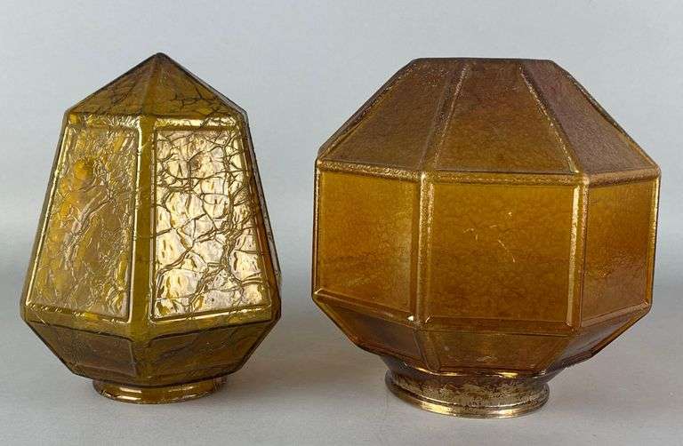 Group of 2 Antique Amber Paneled Glass Ceiling Fixture Lamp Shades