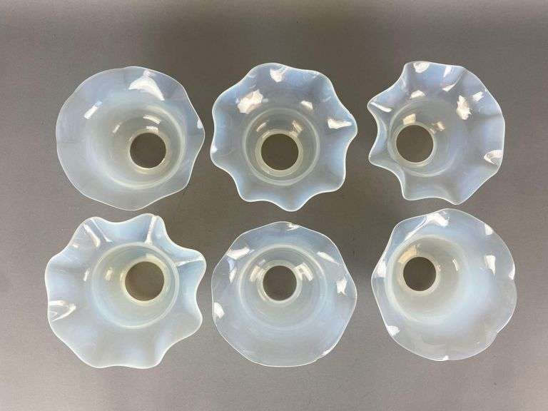 Group of 6 Antique Opalescent Ruffled Glass Lamp Shades