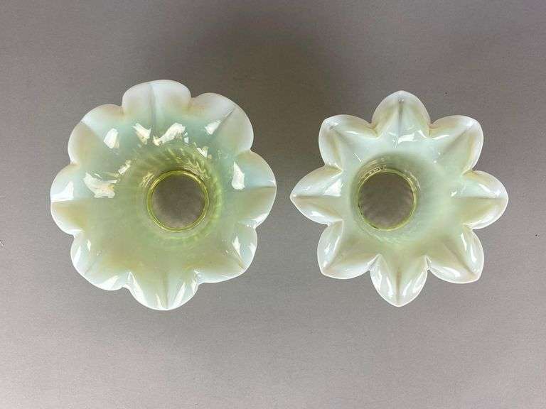 Group of 2 Antique Vaseline Floral Glass Lamp Shades