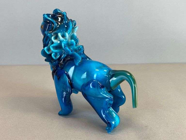 Mid-Century Modern Murano Style Blue White Black Art Glass Lion