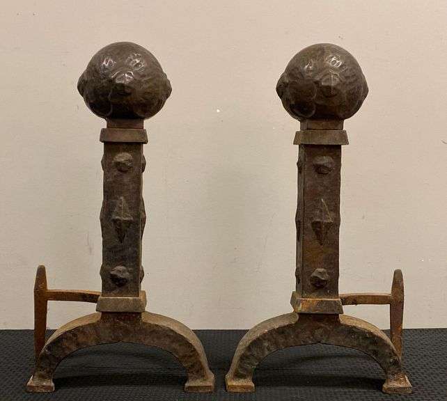 Antique Pair of Cast Iron Arts and Crafts Style Andirons
