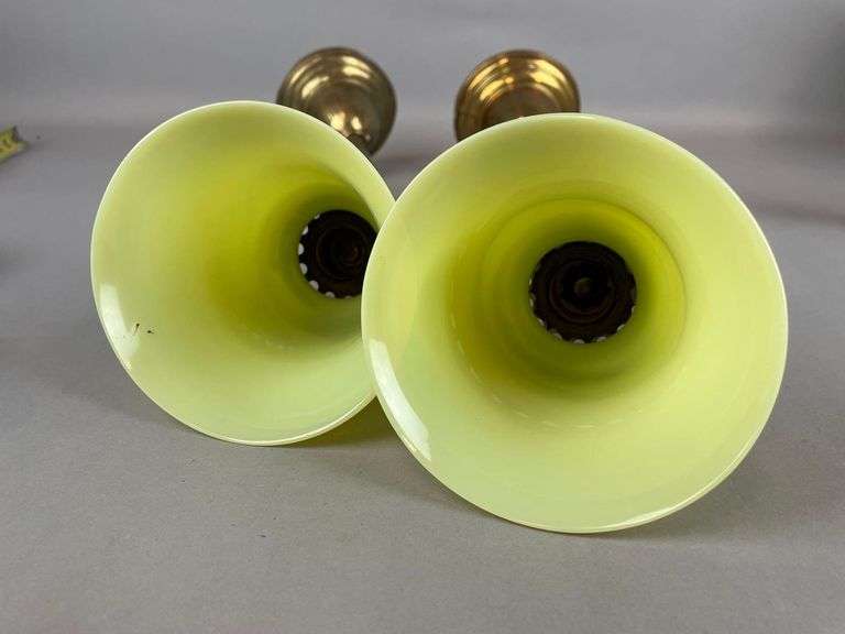 Pair of Antique Brass Oendant Lamps with Vaseline Glass Shades