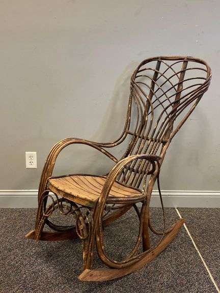 Antique Rustic Bent Cane Wood Rocking Chair