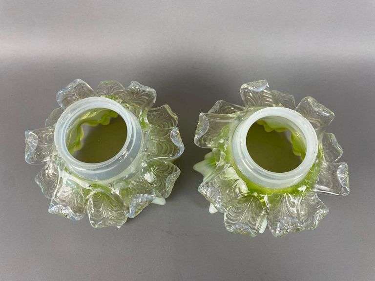 Antique Pair of Opalescent Vaseline Glass Lamp Shades