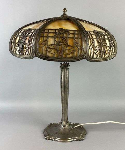 Antique Carmel Slag Glass 8-Panel Shade Table Lamp with Floral Motif