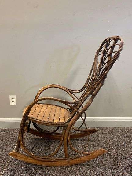 Antique Rustic Bent Cane Wood Rocking Chair