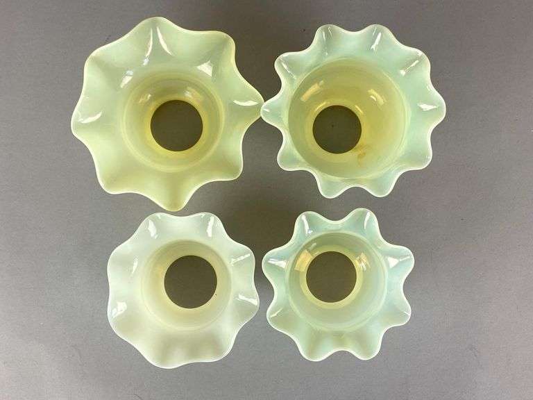 Group of 4 Antique Vaseline Ruffled Glass Lamp Shades