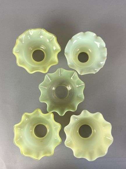 Group of 5 Antique Vaseline Ruffled Glass Lamp Shades