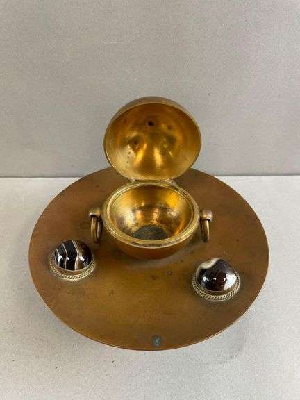 Arts and Crafts English Bronze Banded Agate Inkwell