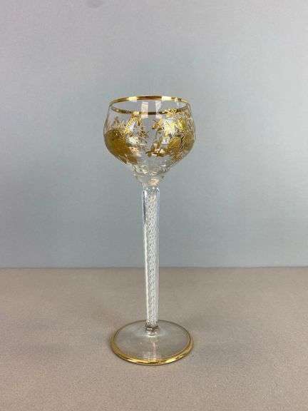 Antique Hand Painted Gold Floral Motif Twist Stem Wine Glass