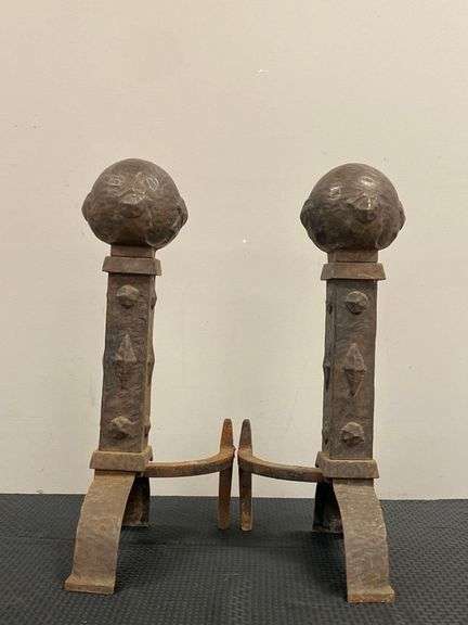 Antique Pair of Cast Iron Arts and Crafts Style Andirons