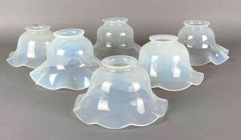Group of 6 Antique Opalescent Ruffled Glass Lamp Shades