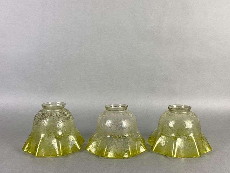 Group of 3 Antique Yellow Floral Etched Ruffled Glass Lamp Shades