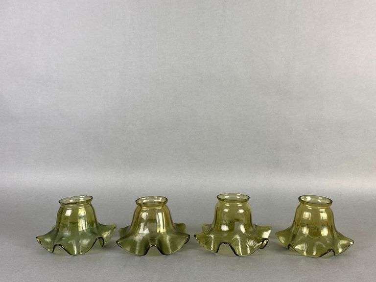 Group of 4 Antique Olive Ruffled Applied Spiral Glass Lamp Shades